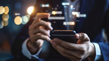 A businessman uses a mobile phone with a chatbot, chat GPS, on a smartphone app interface with artificial intelligence technology.