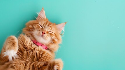 Wall Mural - ginger fluffy cat lays in a pink collar on a turquoise background