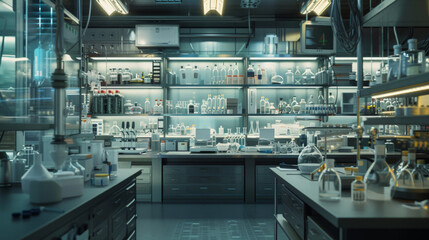 A sophisticated chemical research laboratory with fume hoods and analytical instruments, temporarily unoccupied but ready to discover new chemical compounds