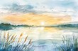 Watercolor illustration of a serene lakeside at sunrise, with soft pastel reflections