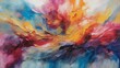 A vibrant explosion of red, blue, yellow, and pink hues blend in a mesmerizing abstract fluid art painting depicting emotion and motion