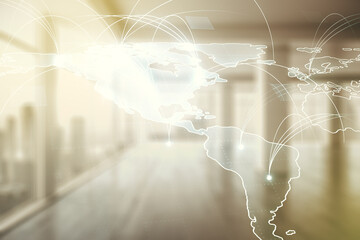 Wall Mural - double exposure of abstract digital world map hologram with connections on empty room interior backg