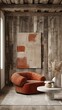 Modern living room interior with wood wall, orange armchair and abstract painting