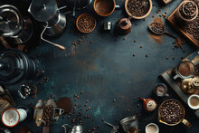 A Coffee Connoisseur's Desk With A Variety Of Coffee Beans And Brewing Equipment, Modern Graphic Design Style With Copy Space