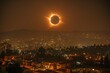 A solar eclipse over a cityscape where the Moon blocks out the Sun, leaving only the dazzling glow of the sun's corona.
Concept: urban studies and the influence of astronomical events in the city