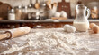 Kitchen table with flour and rolling pin