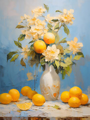 Still life with lemons and a vase in yellow tones. Oil painting in impressionism style. Vertical composition.