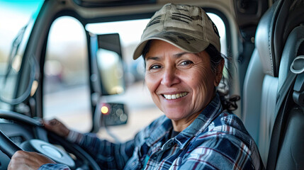 A female truck driver smiling at the camera