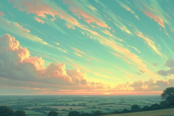Wall Mural - A beautiful landscape painting of a rural scene with rolling hills and a large sky filled with clouds