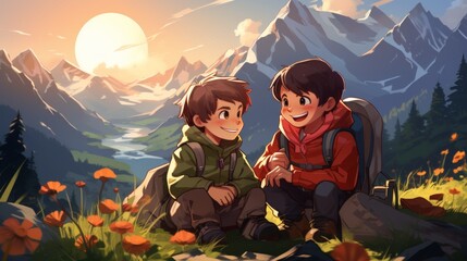 Wall Mural - Two friends hiking in the mountains