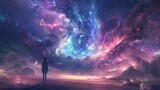 Fototapeta  - Person silhouetted against a cosmic sky - A lone figure stands contemplating the vast, colorful expanse of the cosmos, amidst clouds and celestial phenomena
