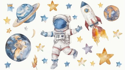 isolated clip art set of astronaut, spaceman, rocket, planet, comet, and satellite elements.