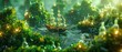 An artistic render of a scene where bottles form the building blocks of nature, with trees made of glass and ships navigating leafy seas