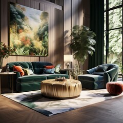 Wall Mural - Modern living room interior with green velvet furniture and gold accents