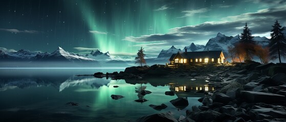 Wall Mural - Aurora borealis over a lake and mountains in Alaska