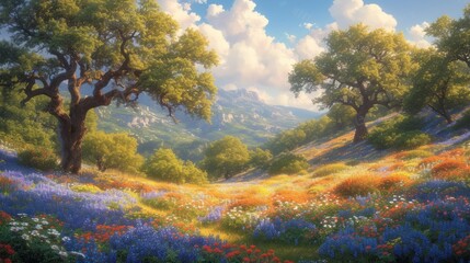 Wall Mural - vibrant spring landscape with rolling hills and wildflowers