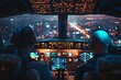 Nighttime cockpit with city lights below