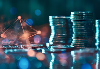 Wall Mural - Digital background featuring stacks of coins and financial graphs with blue glowing network connections, representing digital online business or virtual finance