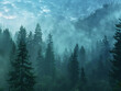 Majestic view of a sequoia forest with towering trees enveloped in morning mist, highlighting the ancient and grand presence of these natural giants ,hyper realistic, low noise, low texture