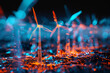 Experience renewable energy in a captivating wireframe visualization, set against a glowing translucent background, featuring a majestic wind turbine in motion