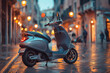Scooter parked on a picturesque street at dusk