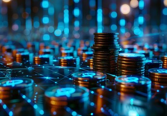 Wall Mural - Digital background featuring stacks of coins and financial graphs with blue glowing network connections, representing digital online business or virtual finance