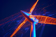 Experience renewable energy in a captivating wireframe visualization, set against a glowing translucent background, featuring a majestic wind turbine in motion