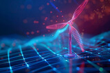 Fototapeta  - Experience renewable energy in a captivating wireframe visualization, set against a glowing translucent background, featuring a majestic wind turbine in motion