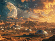 Stock image of a futuristic space colony on Mars, with habitats and vehicles, under a starfilled sky, imagining human life on another planet ,hyper realistic, low noise, low texture