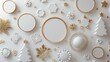 Christmas sticker collection with 3D renders of assorted round labels in festive white and gold.