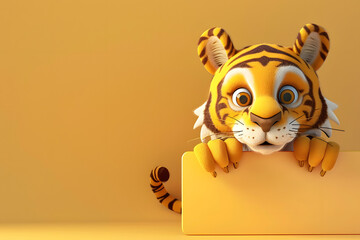 Wall Mural - Cute 3D cartoon funny tiger on background with space for text.