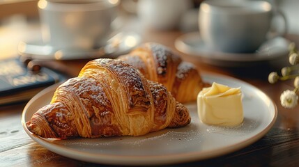 Poster - A delicious original croissant in plate with butter, modern cafe view. Generative AI.