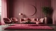 A luxurious living room boasting pink furniture with stylish lamp and plants against paneled walls
