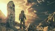 Detailed, atmospheric image of an astronaut standing before an ancient, alien monolith on a remote asteroid, 3D illustration