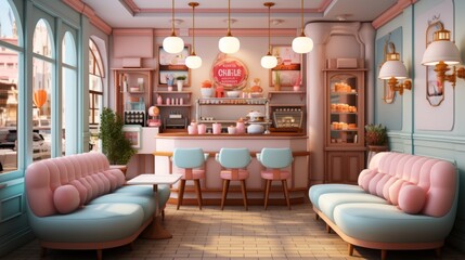 Sticker - An illustration of a pink and blue retro diner with pink banquettes and blue chairs