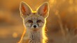 Close up of fennec fox with large ears and sandy fur in desert environment at golden hour