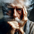 Portrait of a senior man with a worried look. He stares into space, his head shrouded in fog, indicating his confused state of mind. A concept for better care of the mental well-being of the elderly.
