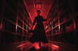 Creepy neon silhouette of librarian in deserted library isolated on black background.
