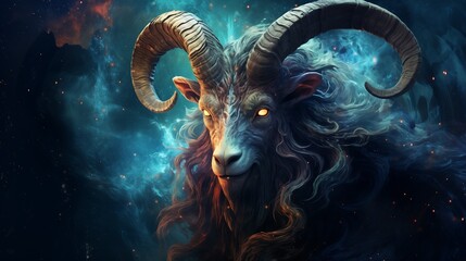 Wall Mural - illustration portrait with zodiac sign capricorn in cosmic space. generative ai. copy space.