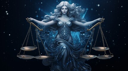 Wall Mural - illustration with zodiac sign libra in cosmic space. woman with libra. generative ai.