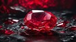 This image showcases a luminous red crystal lying among reflective dark surfaces, creating a dramatic scene