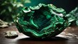 Vibrant green malachite slice with intricate pattern displayed on a wooden base in a natural setting