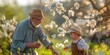 A senior grandfather and toddler grandson are standing in nature in spring.