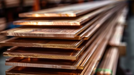 Poster - Copper flat bars, clean and polished, stacked in industrial warehouse. Generative AI.