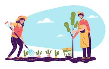 Wall Mural - Gardeners people man woman characters working in garden farm land concept. Gardening spring summer time season. Modern simple line outline style. Vector cartoon graphic design element illustration