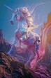 A unicorn, sculpted in 3D artistry, traverses a pixelated valley, digital wind flowing through its ethereal mane