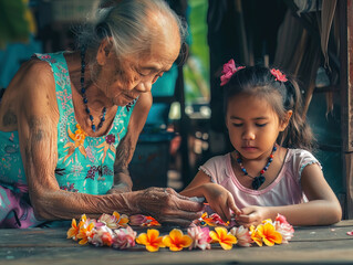 An intimate portrait of a grandmother teaching her granddaughter to make Songkran flower garlands