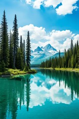 Canvas Print - The crystal-clear water of a mountain lake reflects the beauty of the surrounding mountains and forests