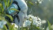 Close-up of a humanoid robot's eyes alight with curiosity as it delicately explores the petals of a jasmine flower, sniffing it mechanically
