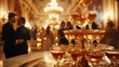 © visoot - A party with well dressed people in a fancy hotel lobby in the foreground a tower of the same glasses full , night light, party, same glasses, 40 glasses in high pyramid. Generative AI.